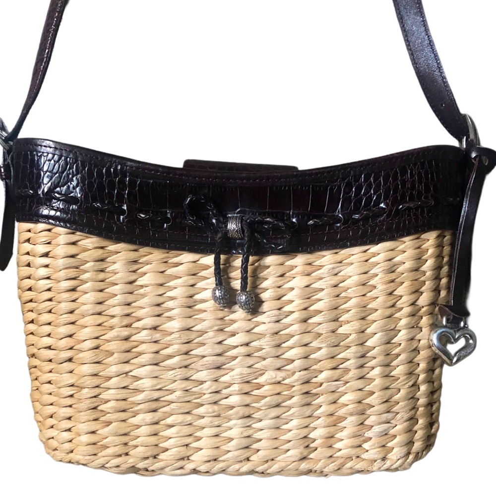 Brighton Vintage Straw & Brown Croc Leather Shoulder Bag